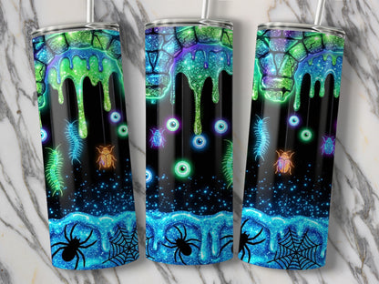 Halloween themed tumbler with dripping slime, insects, eyeballs, spiders, and spiderwebs.