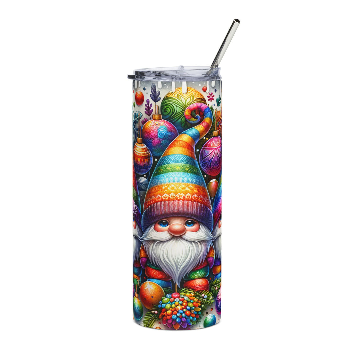 Tumbler with a colorful gnome and holiday ornaments, including a metal straw.