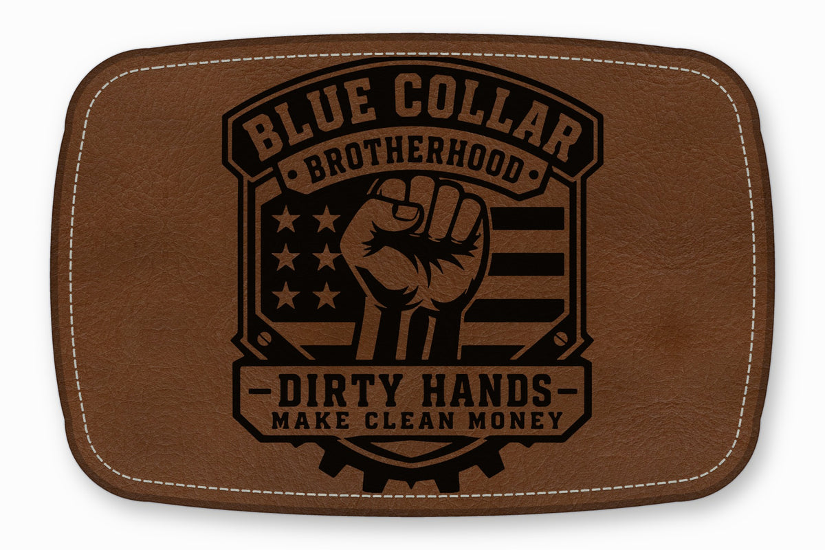 Brown leather patch with rounded corners featuring a raised fist and the text Blue Collar Brotherhood.