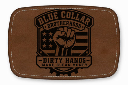 Brown leather patch with rounded corners featuring a raised fist and the text Blue Collar Brotherhood.