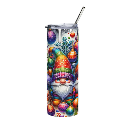 Tumbler with colorful gnome and Christmas ornament design.