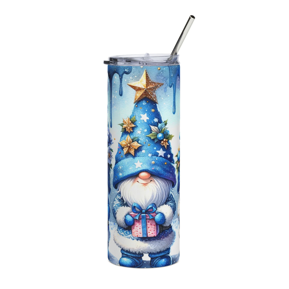 Tumbler with a Christmas gnome holding a gift, wearing a blue hat and coat.