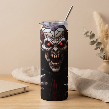 Tumbler with a detailed illustration of a scary vampire face with glowing red eyes.