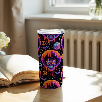 Tumbler with psychedelic skull, disco ball, peace signs, and bats pattern.