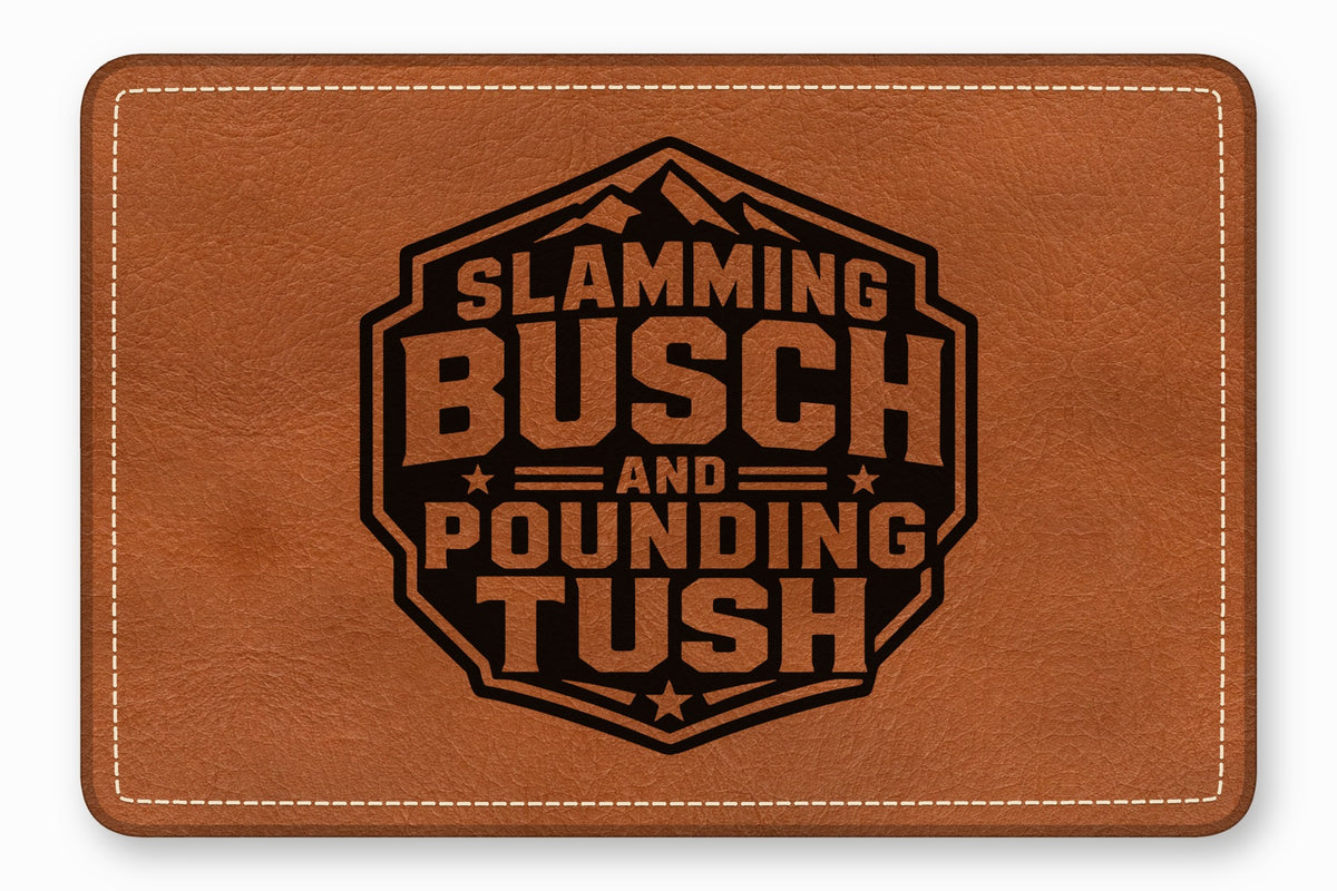 Brown leather patch with rounded corners, white border stitching, and a black mountain logo with text.