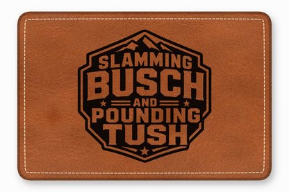 Brown leather patch with rounded corners, white border stitching, and a black mountain logo with text.