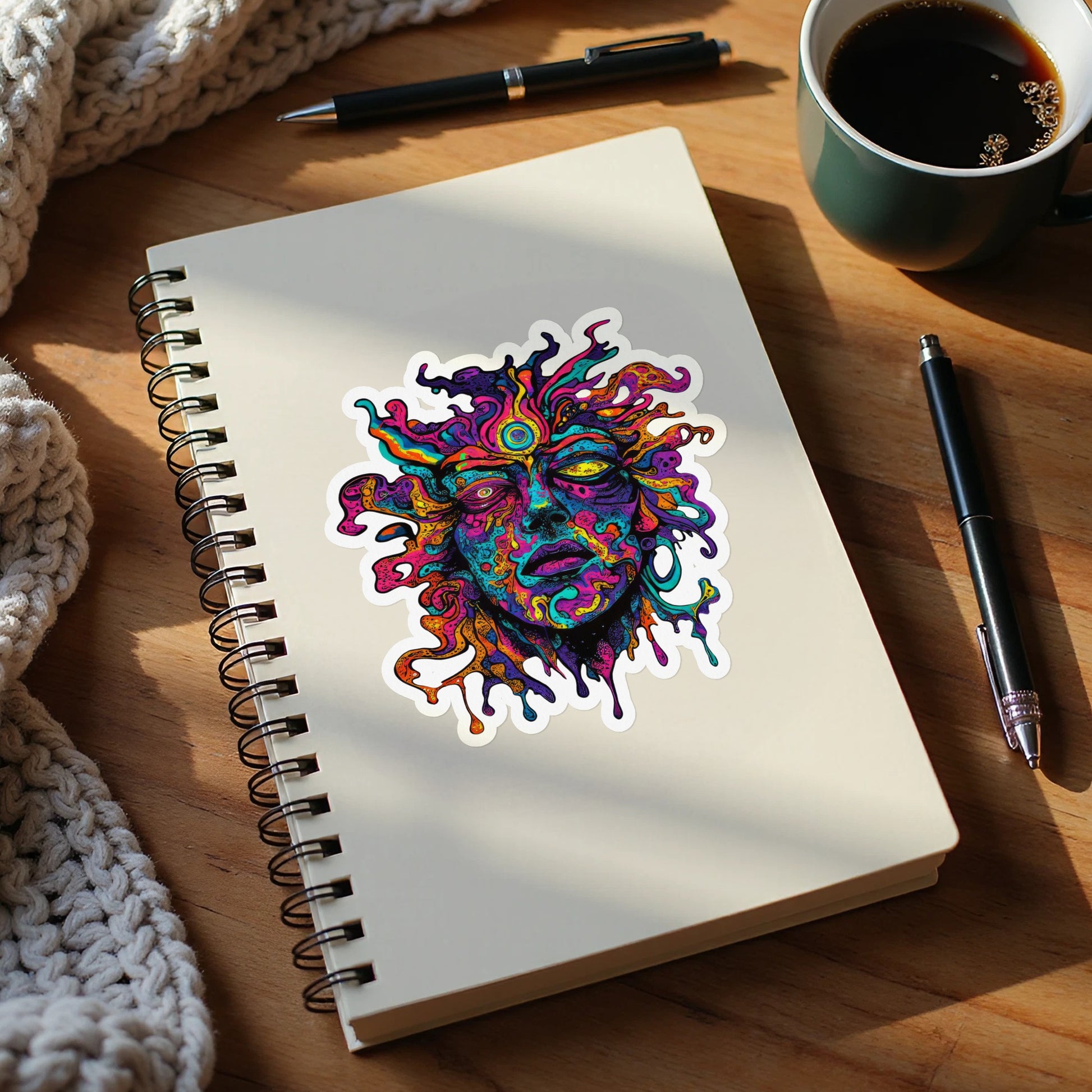 Psychedelic portrait sticker with swirling colorful patterns on a notebook.