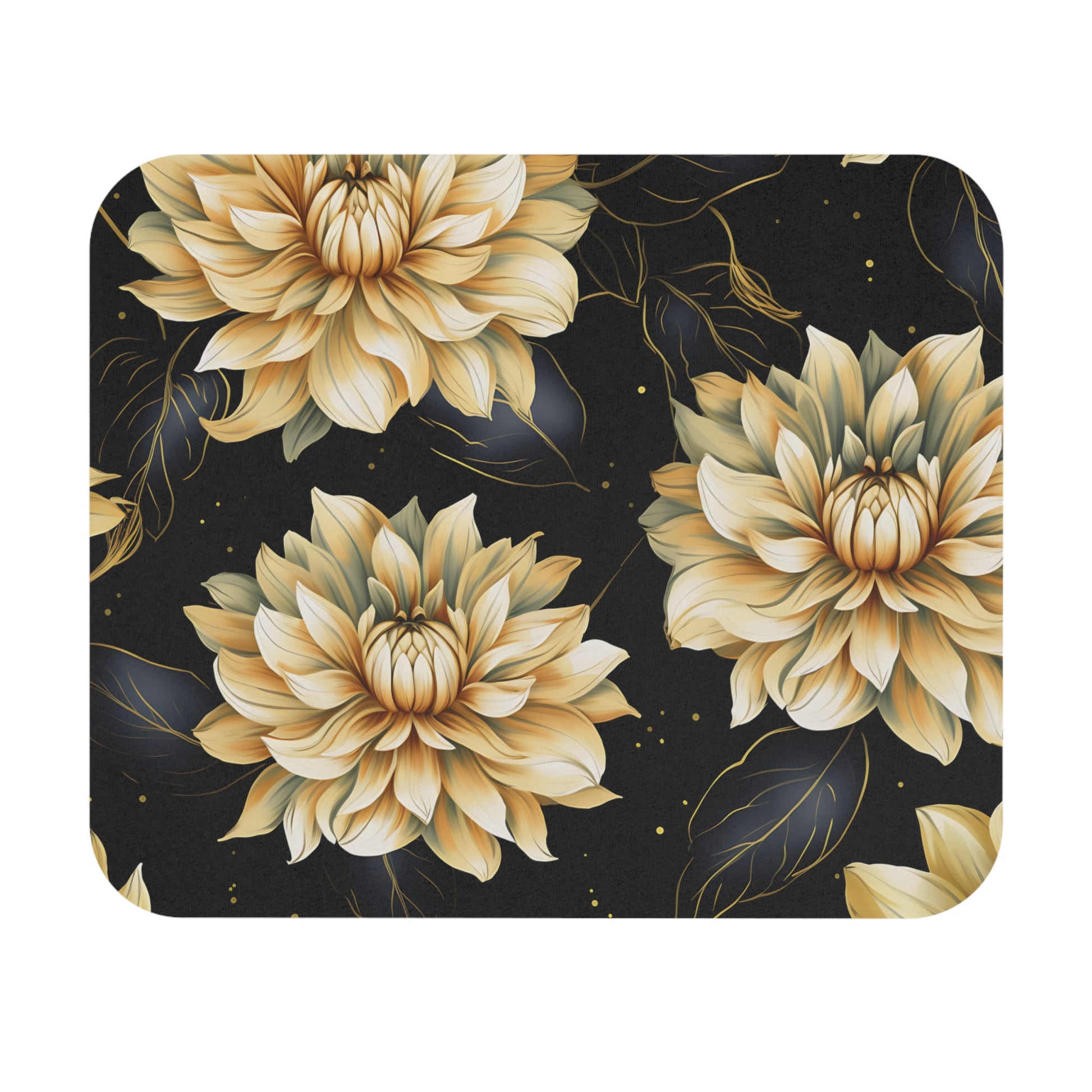 Yellow and white flowers with gold accents on black background.