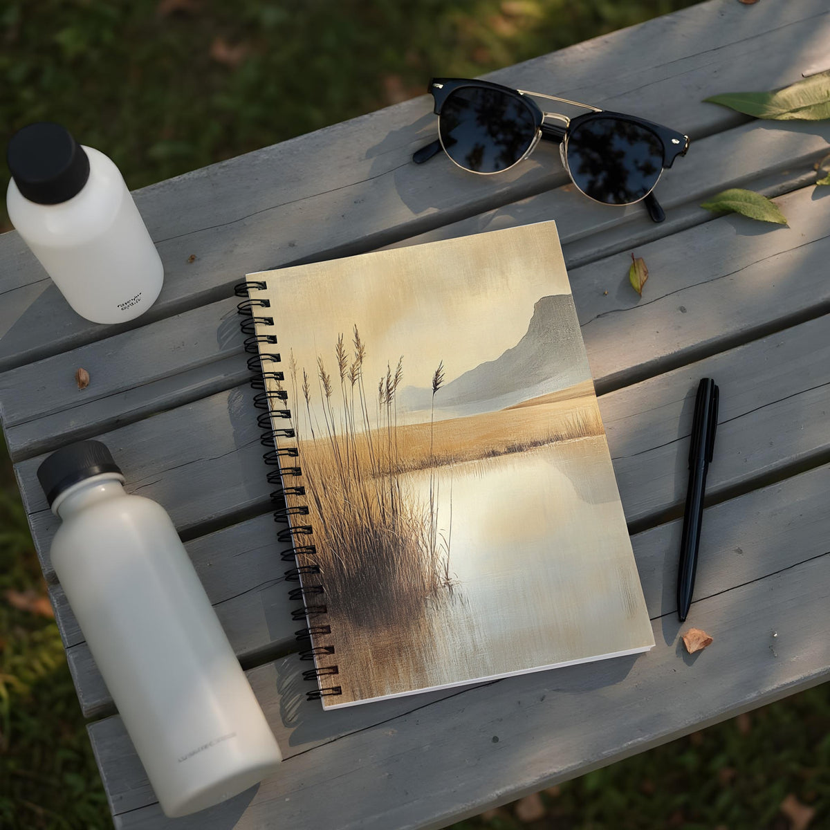 Spiral bound notebook with a marsh landscape painting, sunglasses, and two water bottles.
