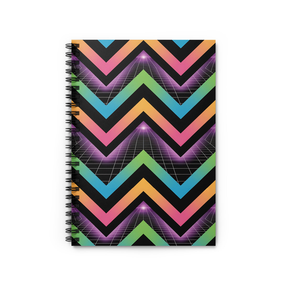 Spiral notebook with zig-zag rainbow pattern and 1980s style grid background.