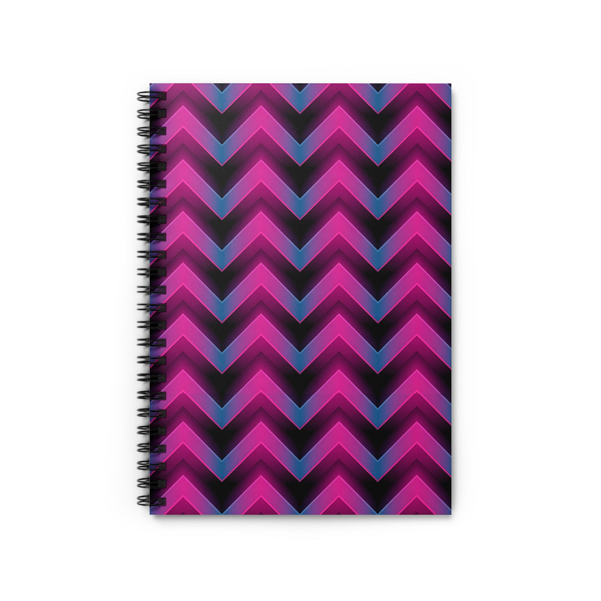 Spiral-bound notebook with magenta and blue chevron pattern cover.