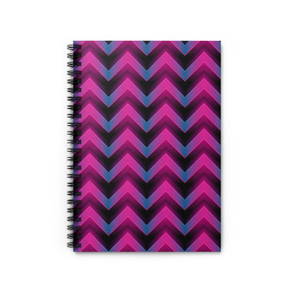 Spiral-bound notebook with magenta and blue chevron pattern cover.
