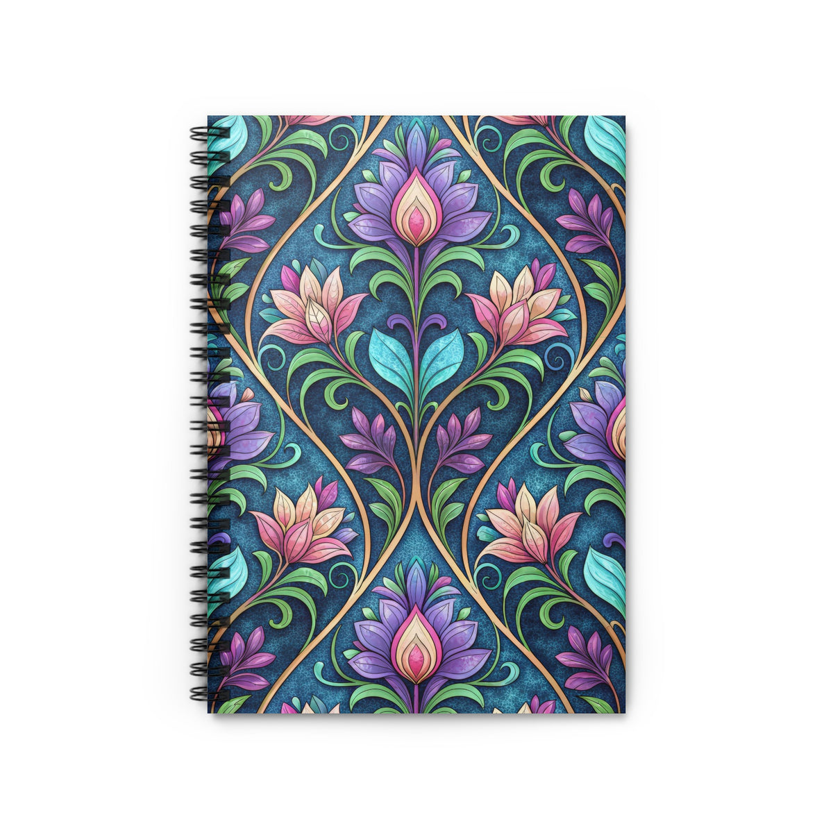 Spiral bound notebook with dark blue floral damask art nouveau pattern.