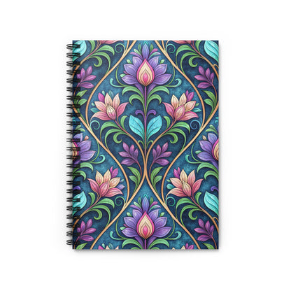 Spiral bound notebook with dark blue floral damask art nouveau pattern.