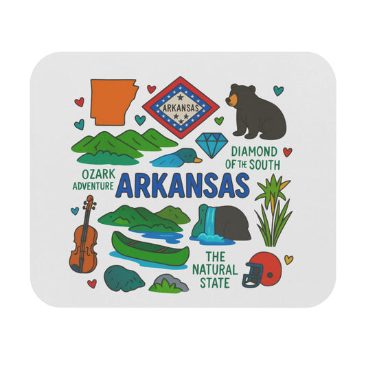 Arkansas state silhouette, flag, bear, diamond, Ozark adventure, and Natural State icons.