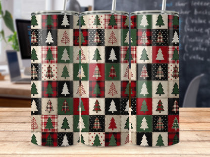 Three tumblers with a patchwork Christmas tree design in red, green, and black.