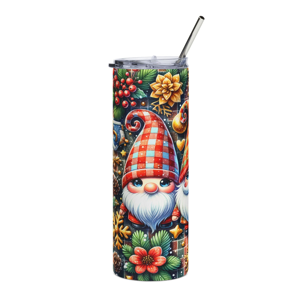 Tumbler with gnomes, holly berries, snowflakes, and flowers on a plaid background.