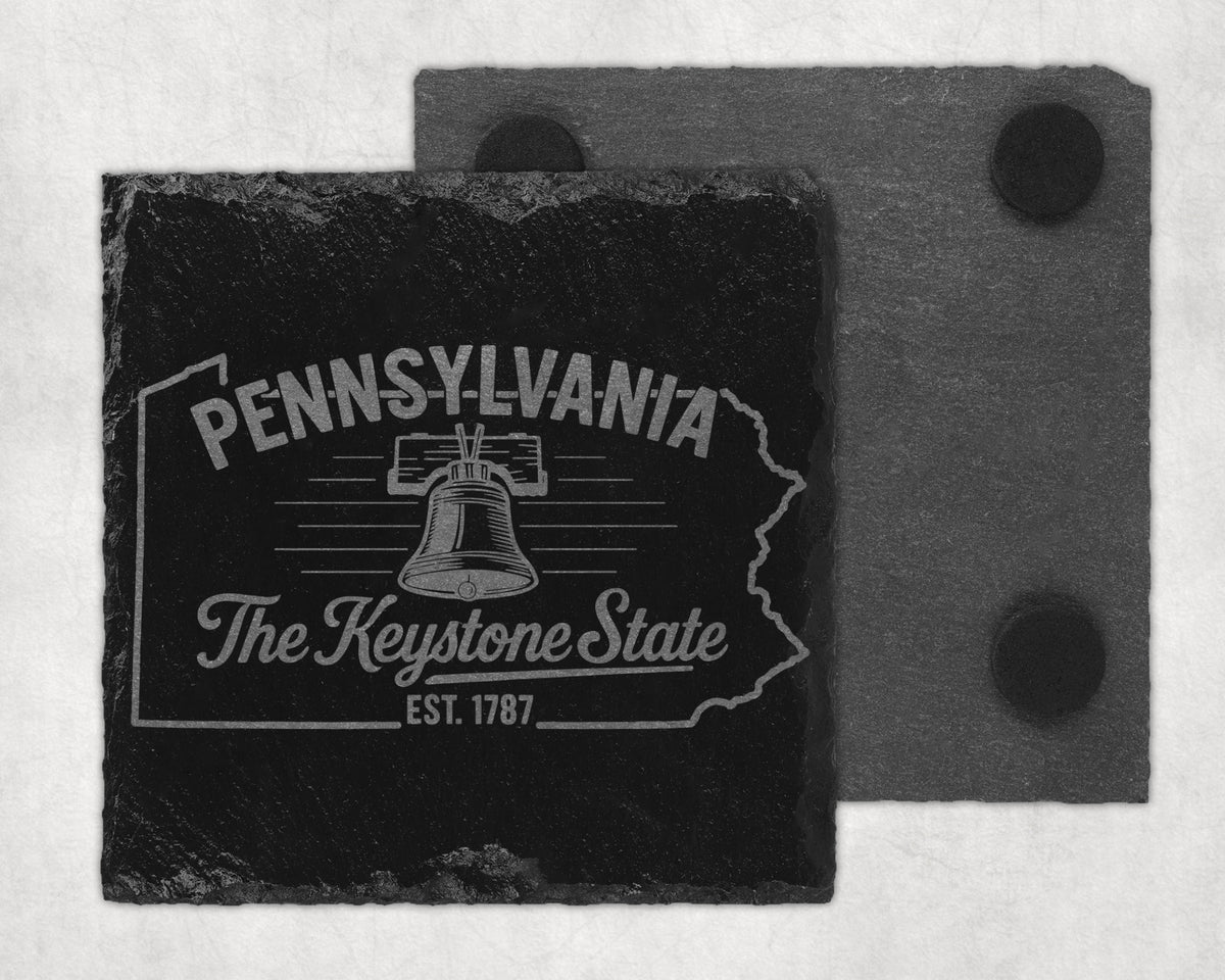 Pennsylvania slate coaster featuring Liberty Bell and text "The Keystone State Est. 1787".