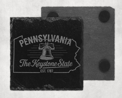 Pennsylvania slate coaster featuring Liberty Bell and text "The Keystone State Est. 1787".