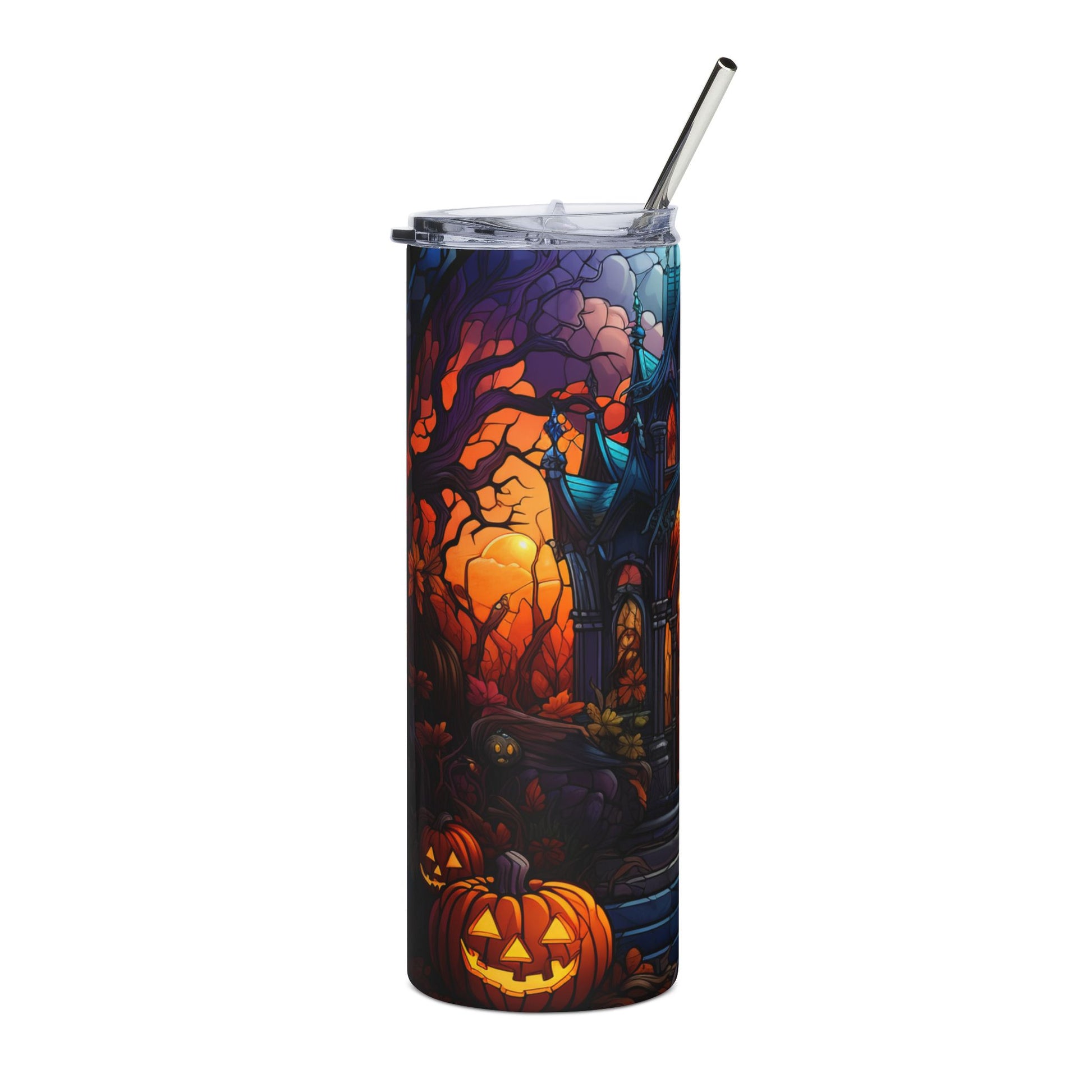 Tumbler with Halloween haunted house, pumpkins, and spooky trees artwork.