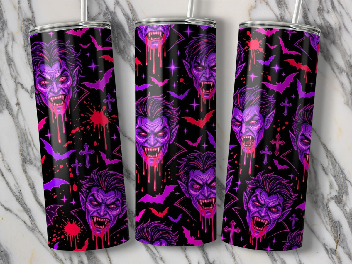 Tumblers with a spooky vampire, bats, crosses, and dripping blood pattern.