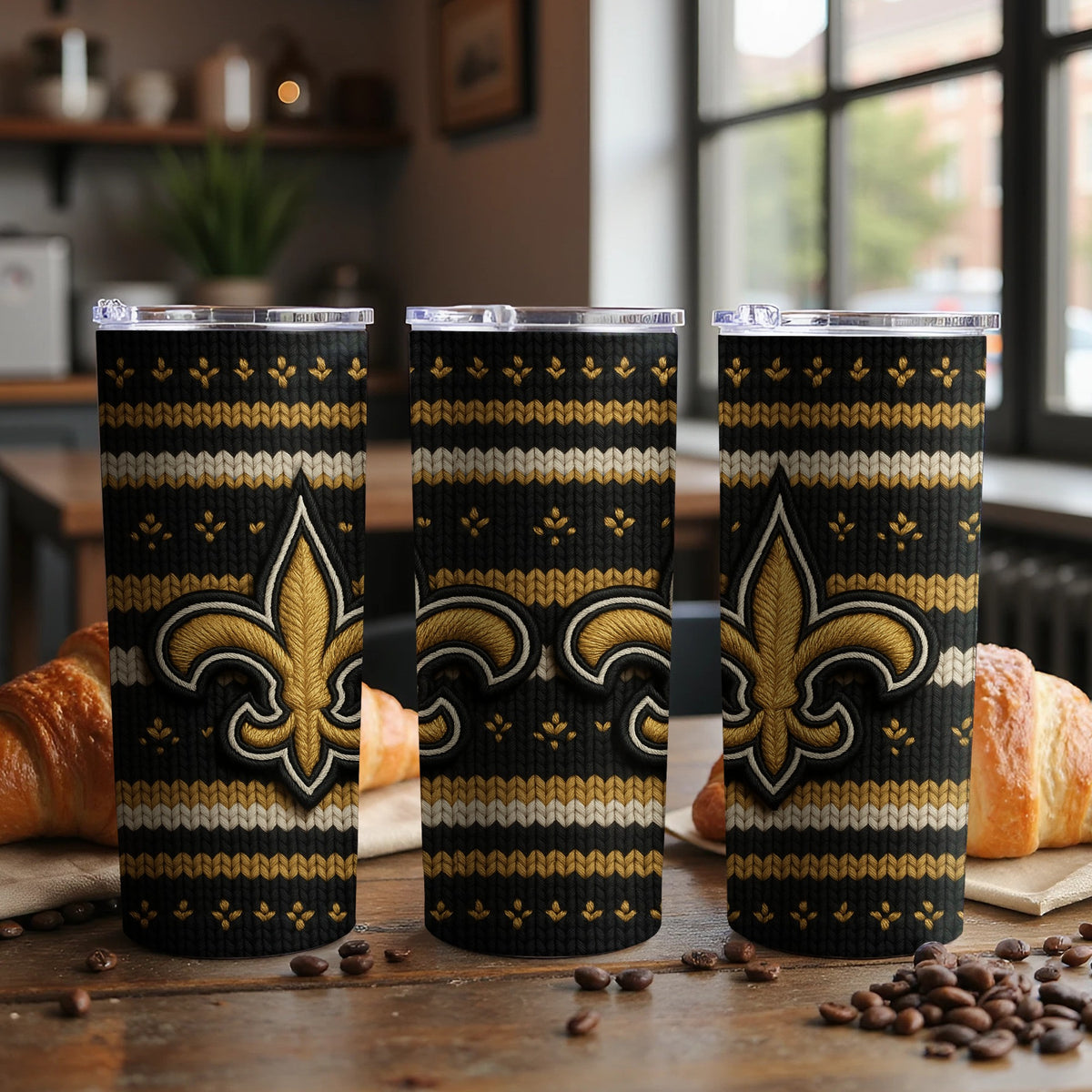 Three tumblers with New Orleans Saints fleur-de-lis logo on black knit pattern.