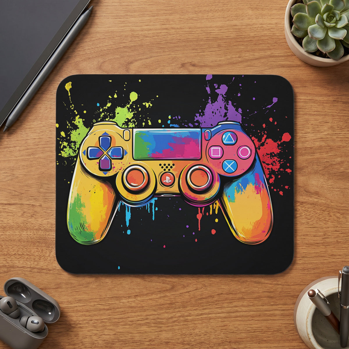 Colorful gaming controller with paint splatters on black background.
