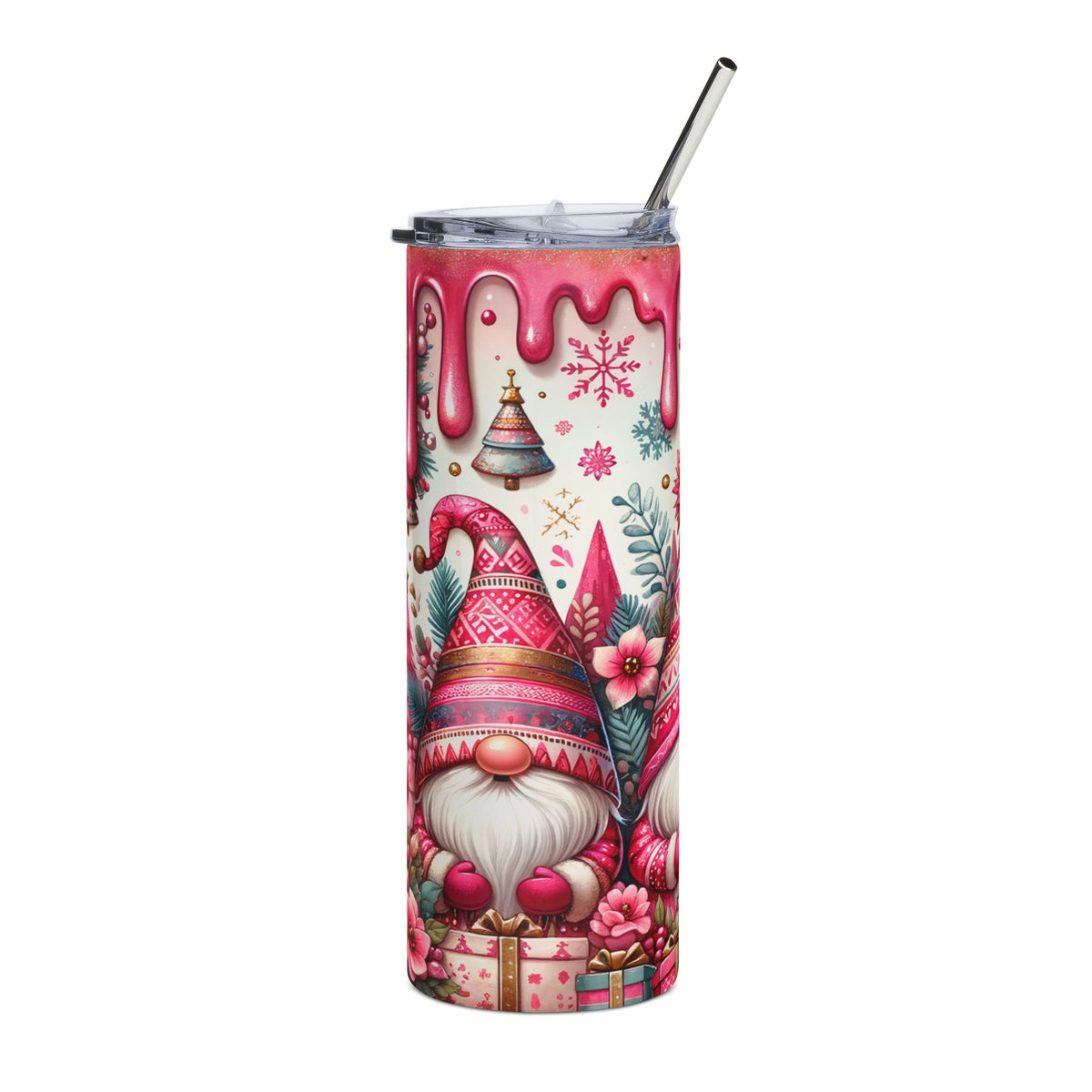 Pink metallic drip lid tumbler with gnome and Christmas tree design.