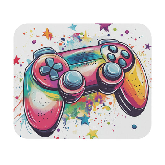Vibrant watercolor video game controller with colorful star and paint splatter background.