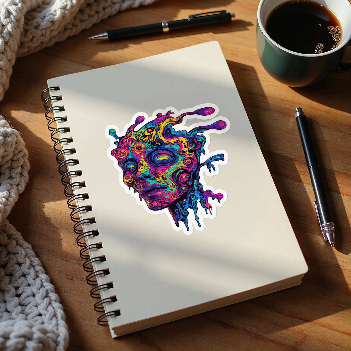 Colorful melting face sticker on a notebook with pens and coffee.