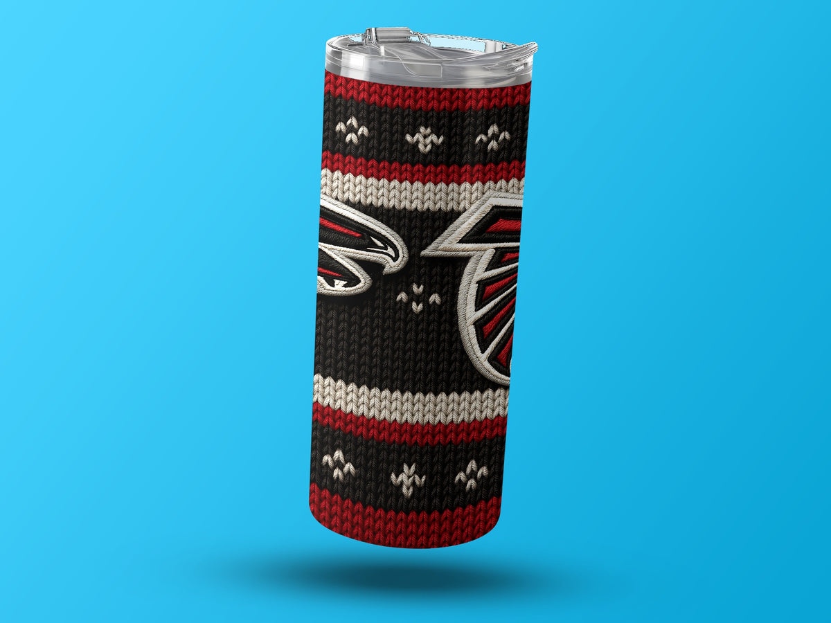 Atlanta Falcons tumbler with a black, red, and white knit design and logo.