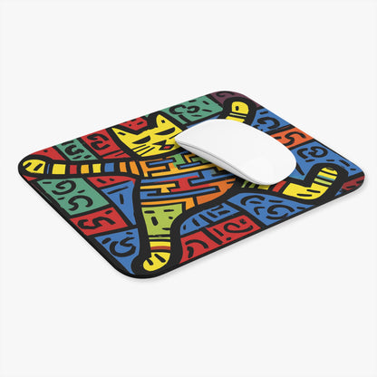 A rectangular mouse pad with a colorful, abstract cat illustration features a white computer mouse resting on top.