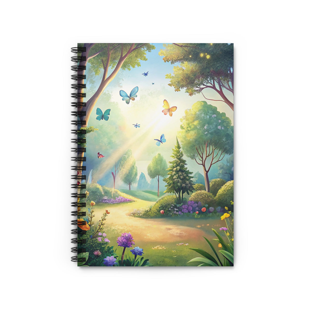 Notebook with a whimsical, sunlit garden scene and flying butterflies.