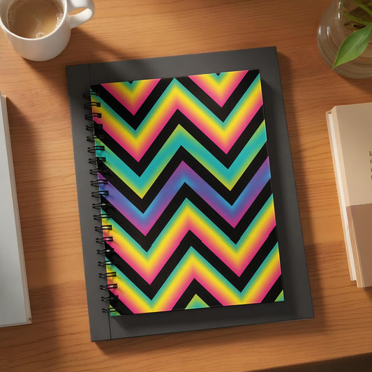 Spiral notebook with rainbow chevron pattern on black background.