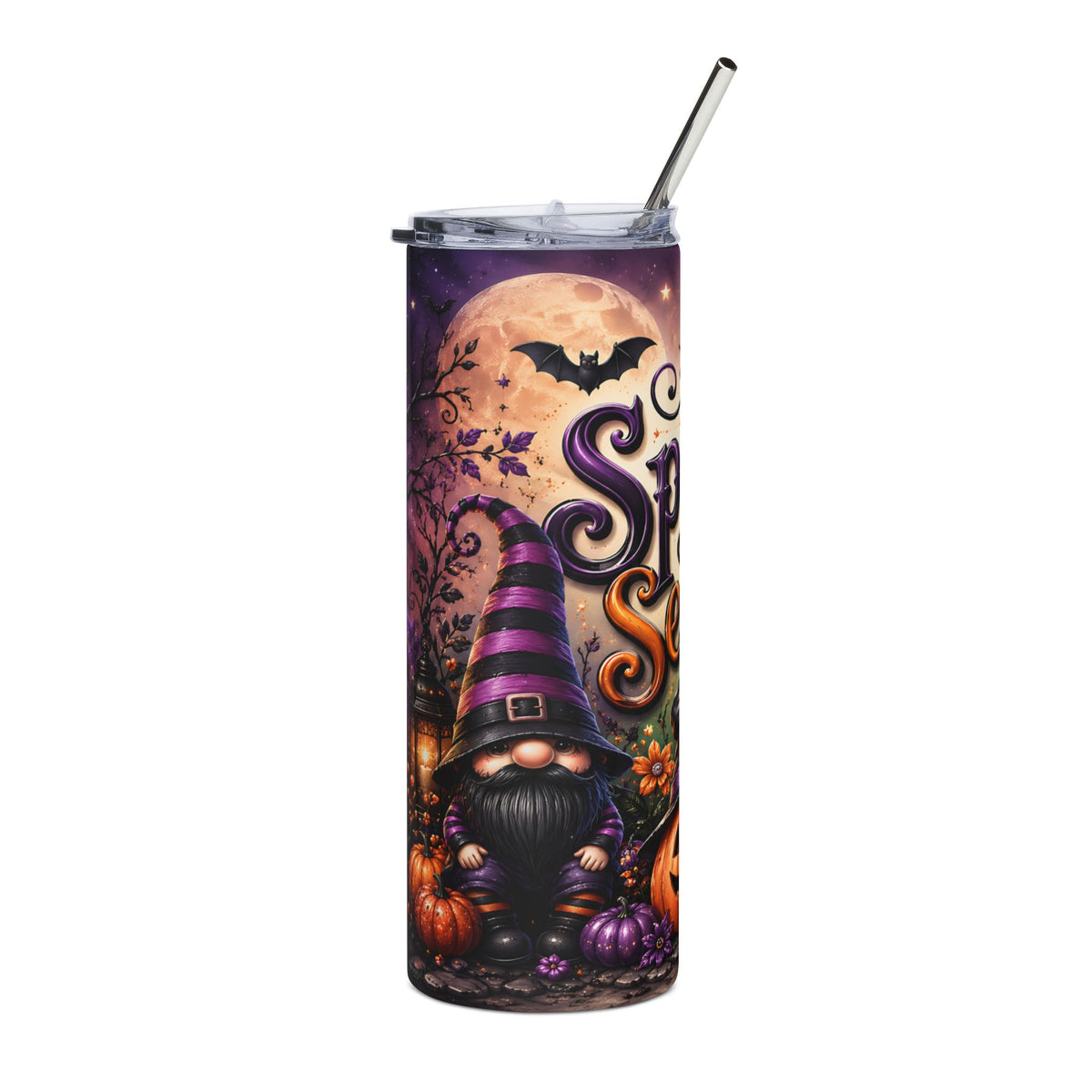 Halloween tumbler with a gnome, pumpkins, and "Spooky Season" text.