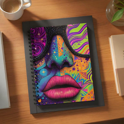 Spiral-bound notebook with a colorful abstract face and lips design.