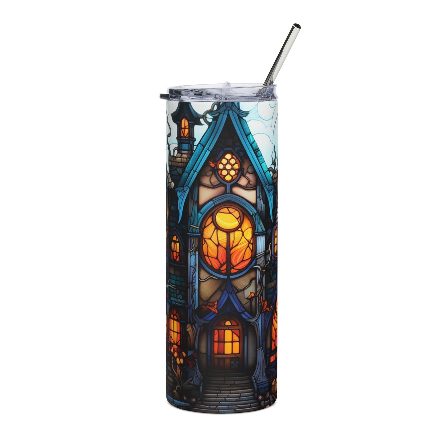 Tumbler with stained glass spooky house design and metal straw.