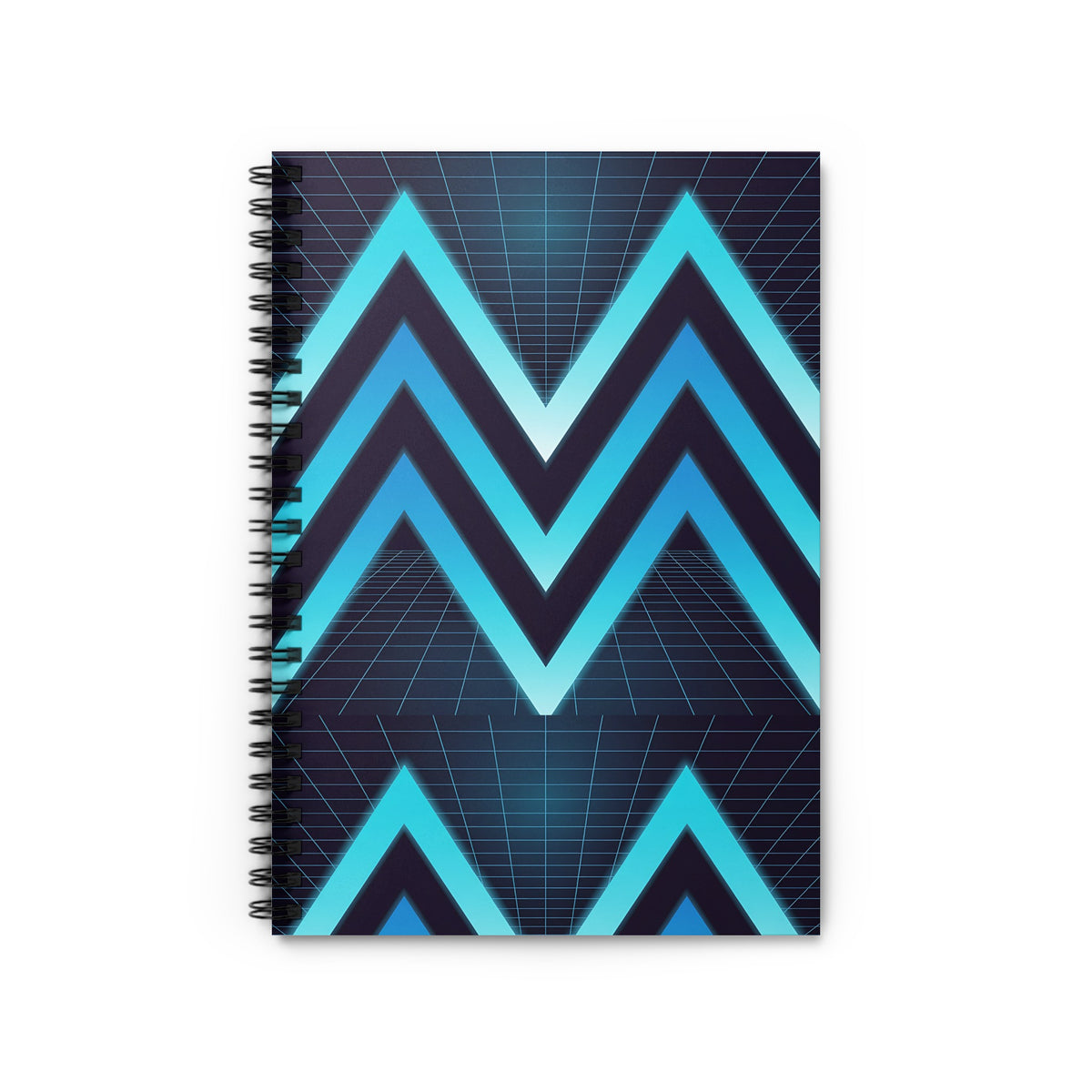 Spiral-bound notebook with neon blue chevron pattern on a grid background.