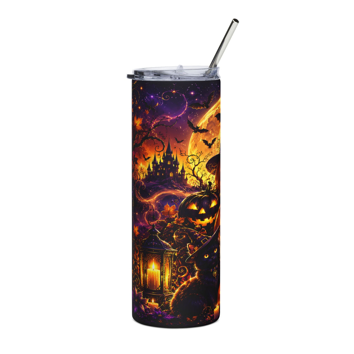 Tumbler with Halloween scene featuring a castle, jack-o'-lantern, black cat, and bats.