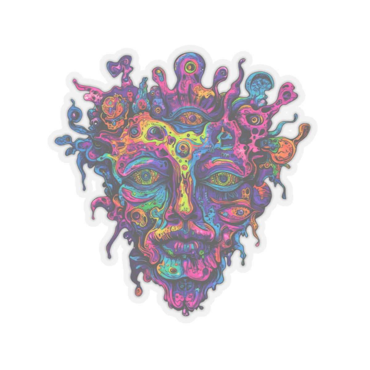 Psychedelic face with multiple eyes, melting, and vibrant colors on a white background.