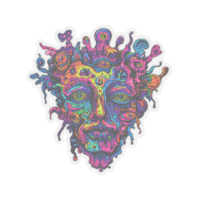 Psychedelic face with multiple eyes, melting, and vibrant colors on a white background.