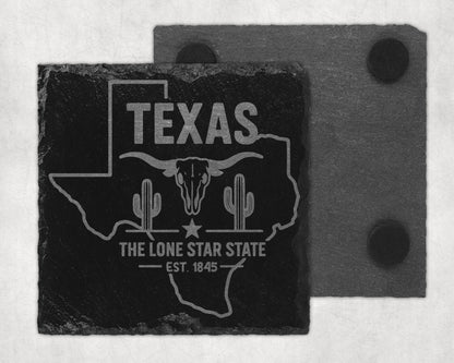 Texas Lone Star State slate coaster with longhorn skull and cacti design.