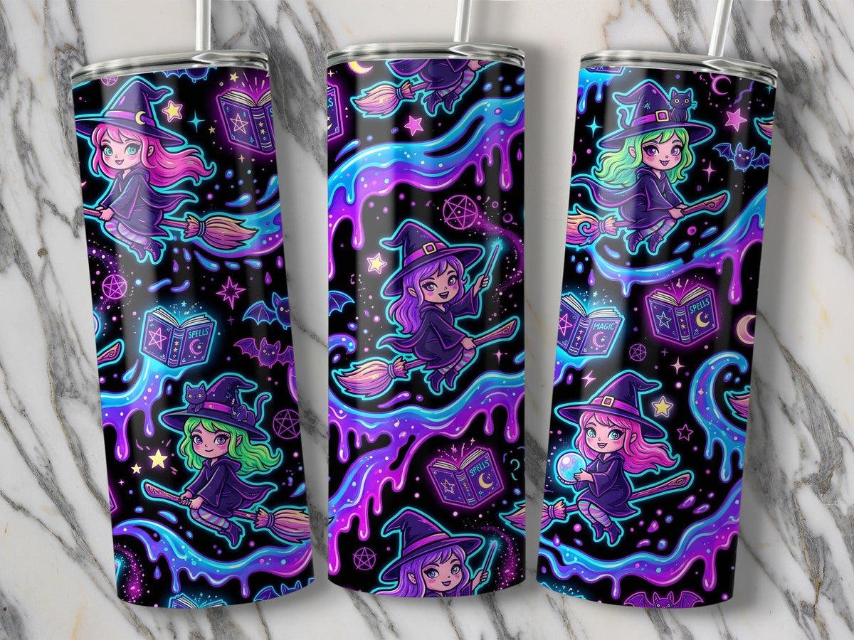 Three tumblers display a repeating pattern of cute witches flying on brooms amidst colorful, dripping liquids.
