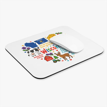 Wisconsin themed mousepad with cow, cheese, farm, and deer illustrations.
