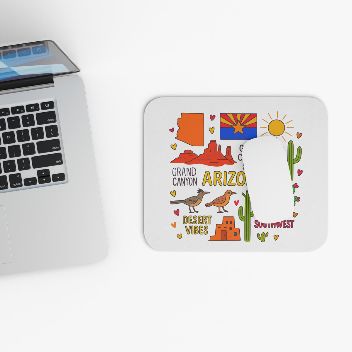 Arizona themed mousepad with state map, flag, cacti, desert landscape, and text.