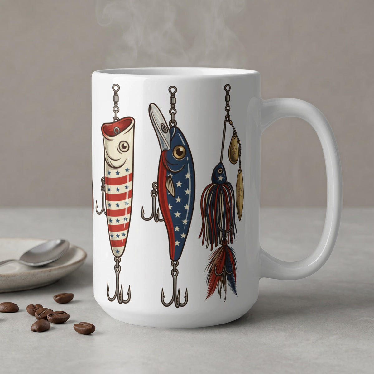White mug with American flag fishing lures and steaming coffee.