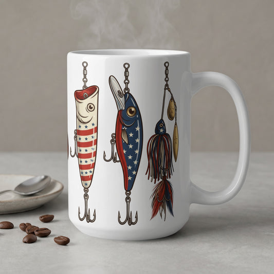 White mug with American flag fishing lures and steaming coffee.