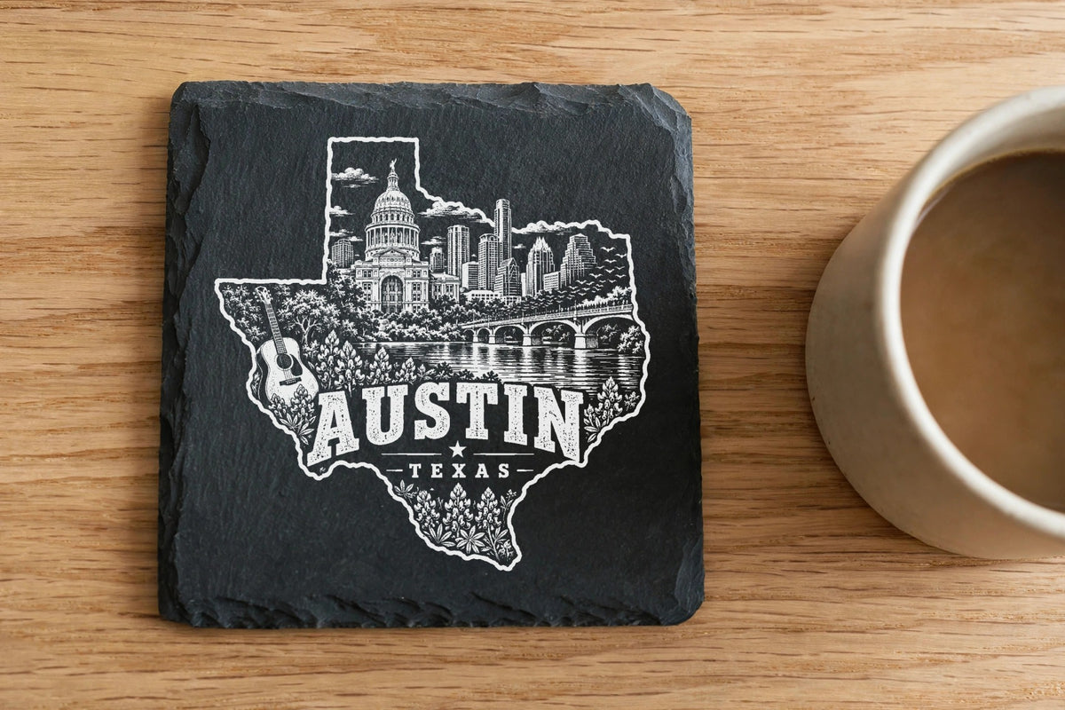 Square black slate coaster engraved with an Austin, Texas skyline silhouette inside the state outline.