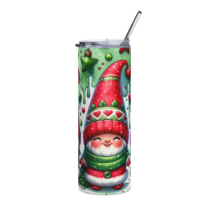 Tall tumbler with a smiling gnome and Christmas ornaments design.