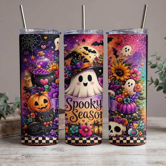 Three tumblers feature Halloween designs with ghosts, pumpkins, skulls, and text "Spooky Season".